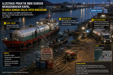 Ilustrasi dugaan praktik penyalahgunaan BBM Subsidi secara ilegal di Sungai Tallo