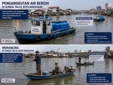 Ilustrasi pengangkutan air bersih dan memancing di Sungai Tallo Makassar