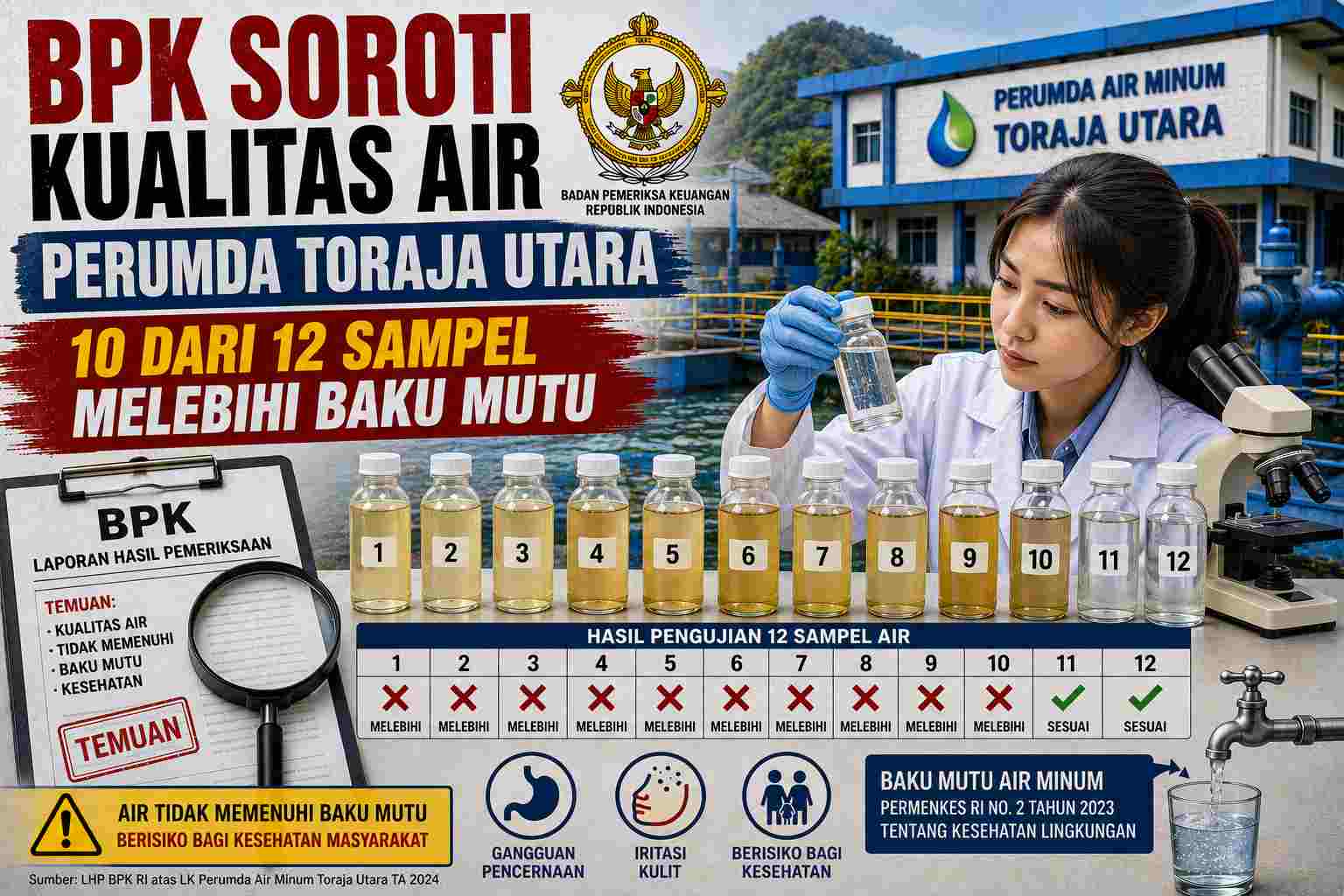 BPK Soroti Kualitas Air Perumda Toraja Utara, 10 dari 12 Sampel Melebihi Baku Mutu