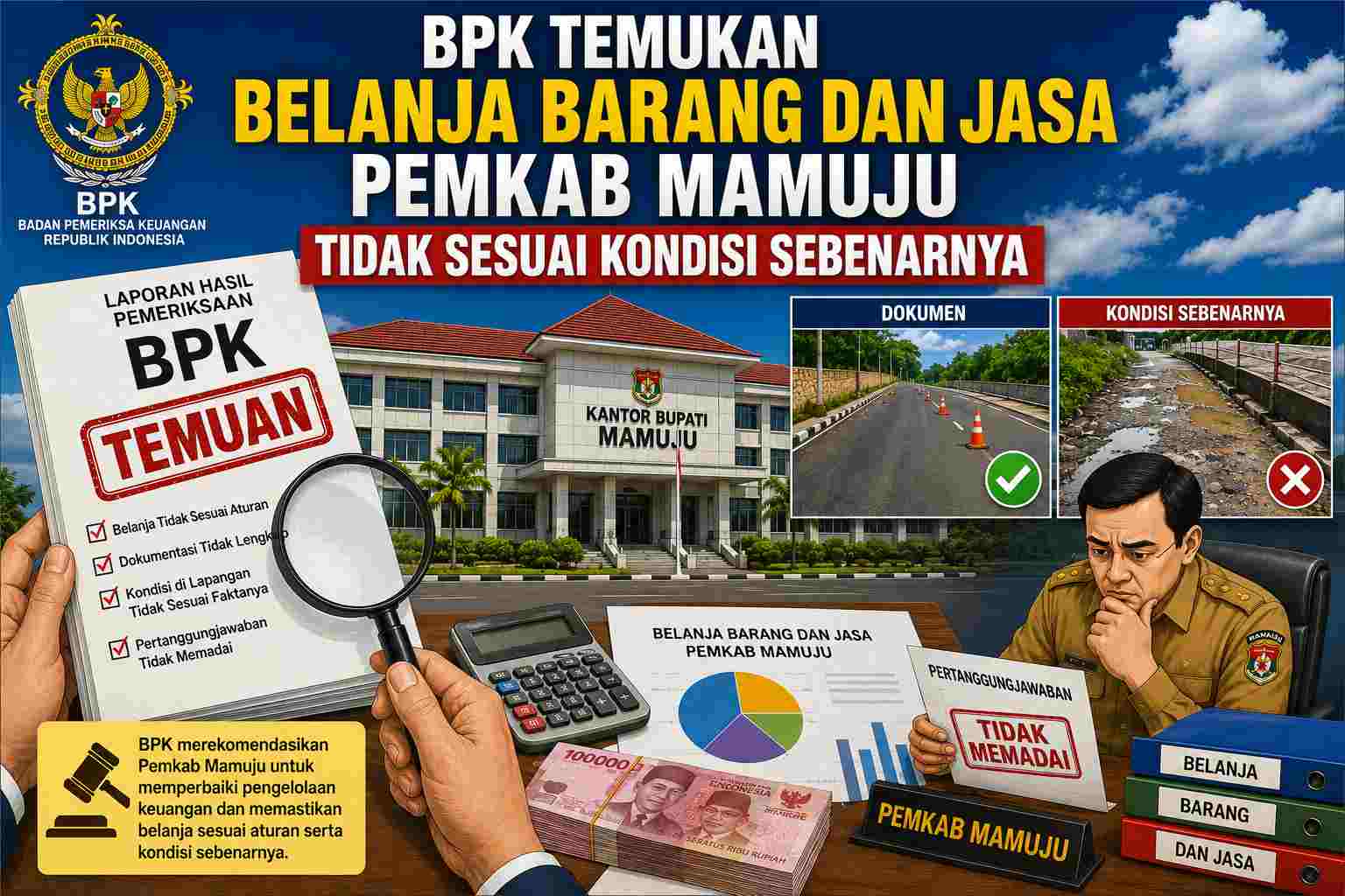 Belanja Barang dan Jasa Pemkab Mamuju Rp285,5 Juta Tidak Sesuai Kondisi Sebenarnya