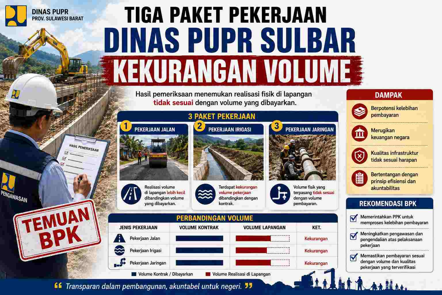 Potensi Kerugian Negara Rp1,15 Miliar, Tiga Pekerjaan Dinas PUPR Sulbar Kekurangan Volume